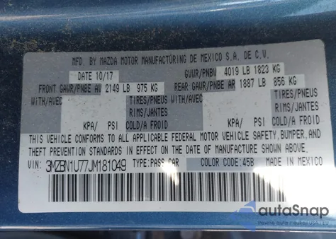 2018 Mazda Mazda3 Sport из США, поврежденный, VIN 3MZBN1U77JM181049